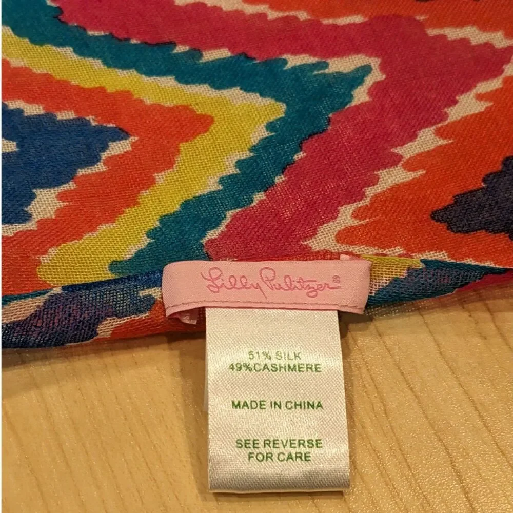 Lilly Pulitzer Silk Cashmere Scarf Wrap Hearts A Flutter Chevron Luxe Dopamine